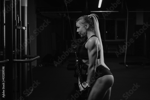 A photo from the side of a fit woman with long blonde hair who is doing a triceps rope pushdown in a gym. A girl is training her arms.