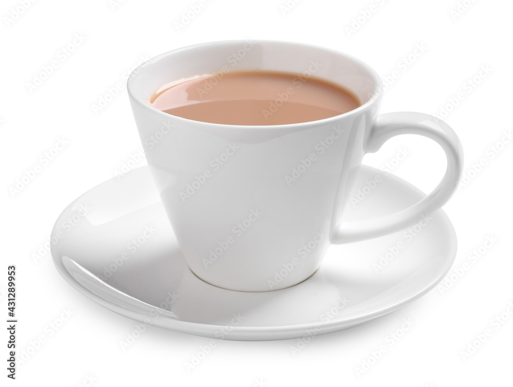 Delicious tea with milk on white background Delicious tea with milk on white background
