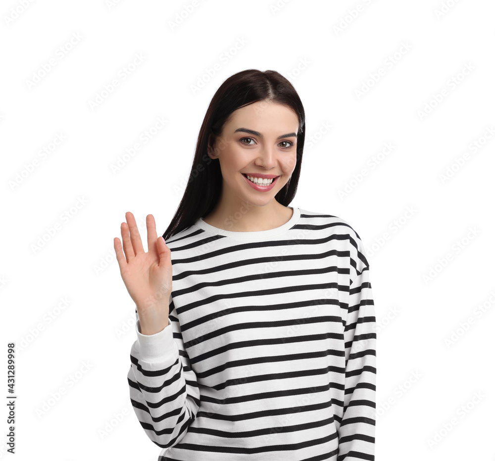 Attractive young woman showing hello gesture on white background Attractive young woman showing hello gesture on white background