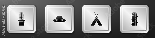 Set Cactus peyote in pot, Western cowboy hat, Indian teepee or wigwam and icon. Silver square button. Vector