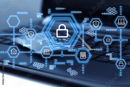 Cyber security network. Padlock icon and internet technology networking and purchases from online stores