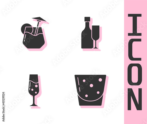 Set Glass of rum, Cocktail, champagne and Wine bottle with glass icon. Vector