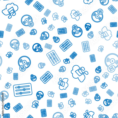 Set line Sound mixer controller, Music streaming service and Vinyl disk on seamless pattern. Vector