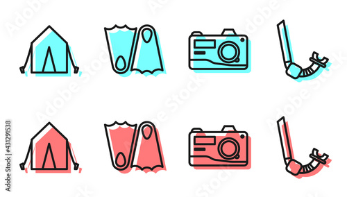 Set line Photo camera, Tourist tent, Rubber flippers and Snorkel icon. Vector