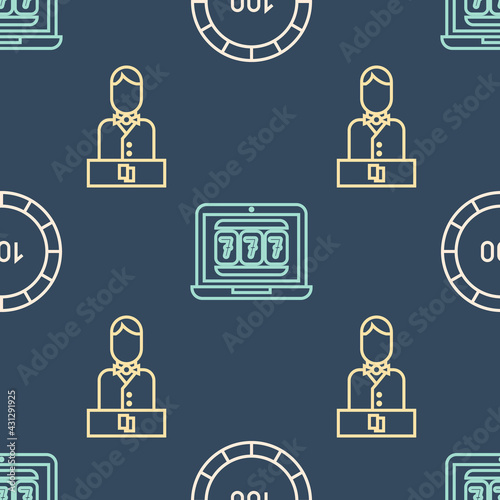 Set line Casino chips, Casino dealer and Laptop and slot machine on seamless pattern. Vector