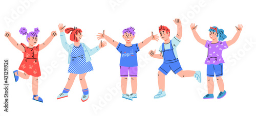 Group of happy smiling and laughing children, boys and girls jumping for joy, cartoon vector illustration isolated on white background. Preschool or primary school age kids.