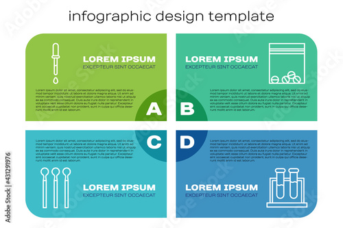Set line Matches, Pipette, Test tube and flask and Plastic bag of drug. Business infographic template. Vector