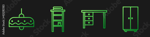 Set line Office desk, Chandelier, Bathroom rack with shelves for towels and Wardrobe. Gradient color icons. Vector