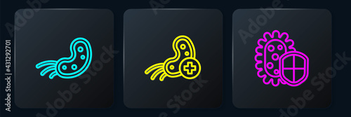 Set line Virus, Shield protecting from virus and Positive. Black square button. Vector