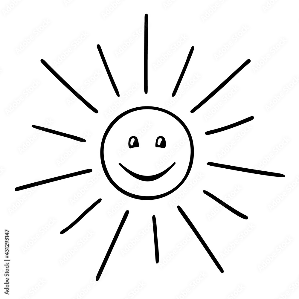 Stylized cartoon sun with a face. Children's drawing of a little sun. Smiling sun with eyes. A hand drawn vector illustration in a doodle style. Black and white outline drawing. Isolated on a white. Stylized cartoon sun with a face. Children's drawing of a little sun. Smiling sun with eyes. A hand drawn vector illustration in a doodle style. Black and white outline drawing. Isolated on a white.