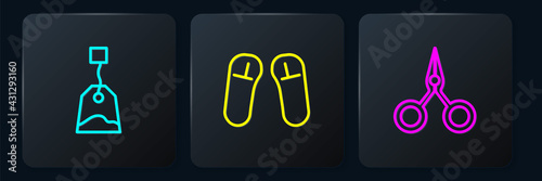 Set line Tea bag, Scissors and Slipper. Black square button. Vector