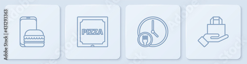 Set line Online ordering and delivery, Round the clock, Pizza cardboard box and . White square button. Vector