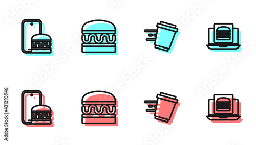 Set line Coffee cup to go, Online ordering and delivery, Burger and burger icon. Vector