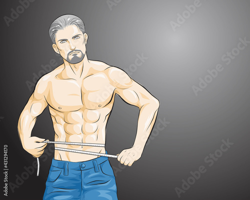 muscular man measuring his waist. measure tape. Weightloss, healthy lifestyle, bodycare and bodybuilding Sport, diet, healthy lifestyle concept.