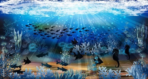 Underwater background with fish, vector illustration