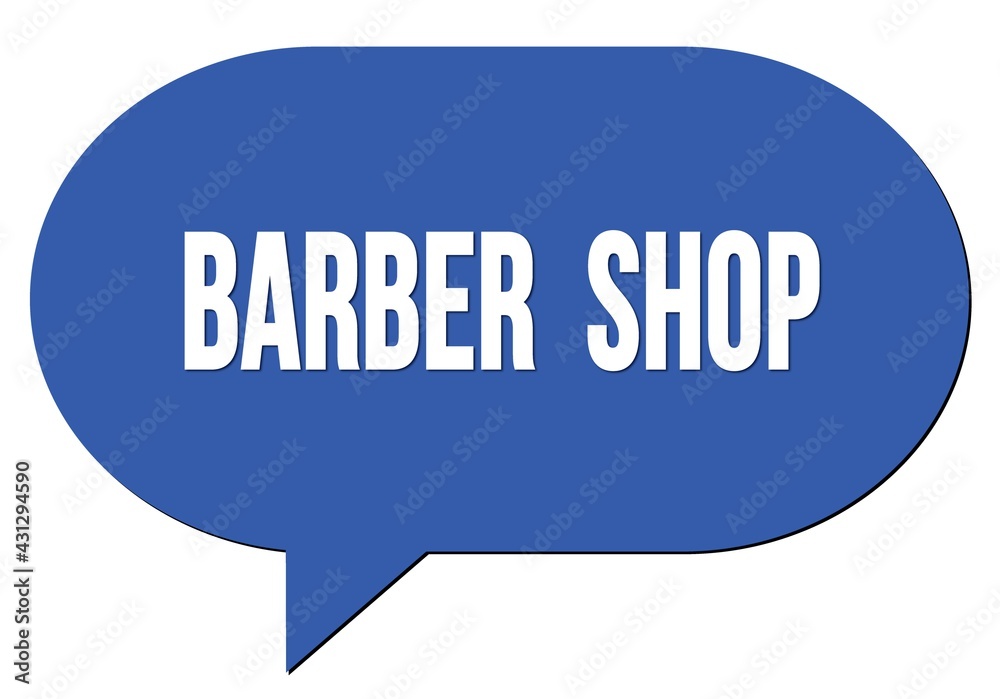 BARBER SHOP text written in a blue speech bubble BARBER SHOP text written in a blue speech bubble