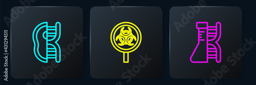 Set line Genetically modified meat, DNA research, search and Biohazard and magnifying glass. Black square button. Vector