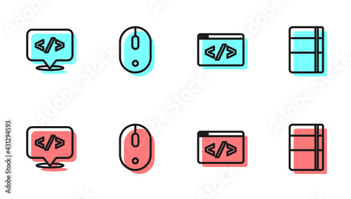 Set line Front end development, , Computer mouse and Sketchbook or album icon. Vector