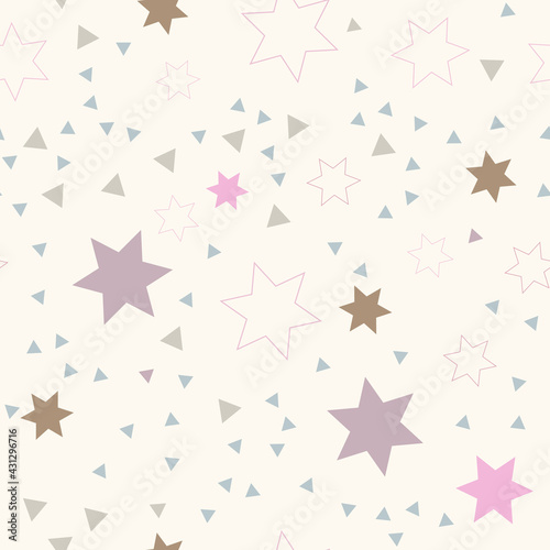 Star pattern. Seamless repeating retro background with different flashes in the sky, circus for baby, kid, child. For textiles, fabrics and printing. Packaging design, wrapping paper, wallpaper.Vector
