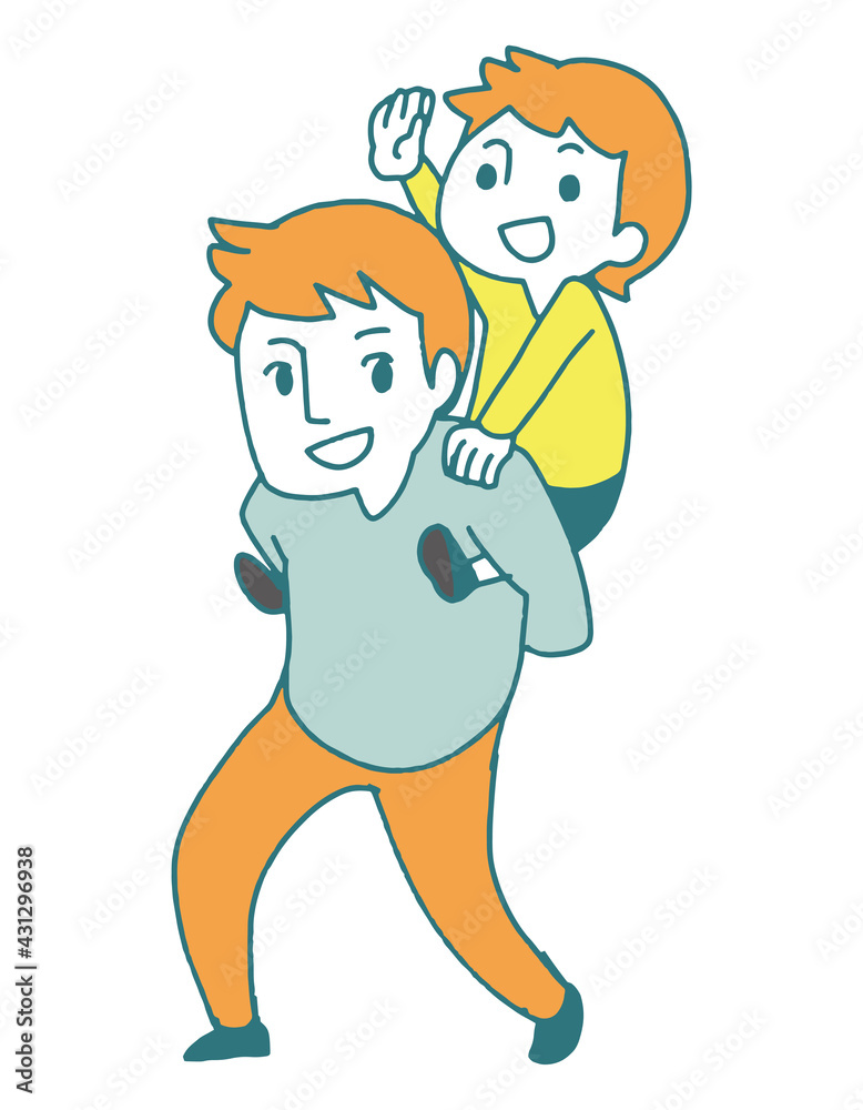 おんぶをしている親子のシンプルなパステルカラーベクターイラスト パパ 息子 親子 おんぶをしている親子のシンプルなパステルカラーベクターイラスト パパ 息子 親子