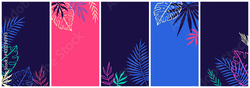 Tropical vertical backgrounds. Stories social media templates and banners. Hand drawn palm leaves and tropical plants illustration.
