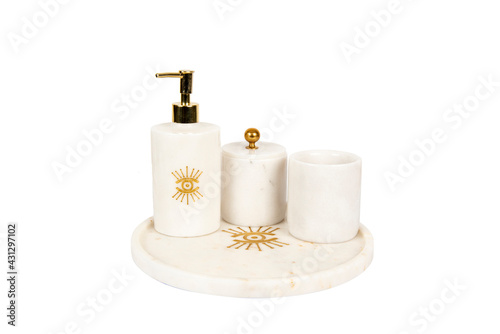 marble bathroom accessories hygiene set isolated on white