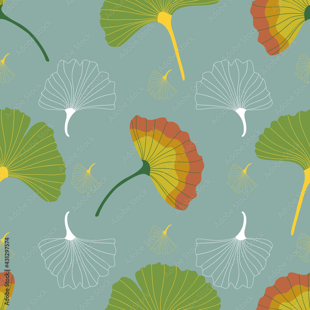 Ginkgo leaves vector repeat pattern on green background Ginkgo leaves vector repeat pattern on green background
