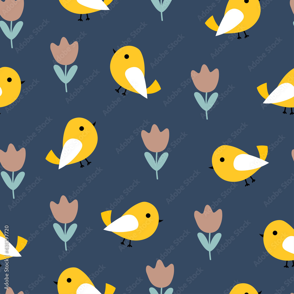 Obraz premium Cute seamless pattern with cartoon flowers and birds for fabric print, textile, gift wrapping paper. colorful vector for kids, flat style