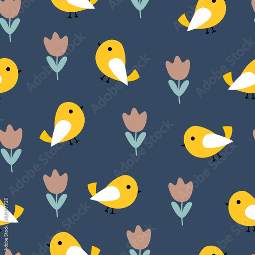 Cute seamless pattern with cartoon flowers and birds for fabric print, textile, gift wrapping paper. colorful vector for kids, flat style