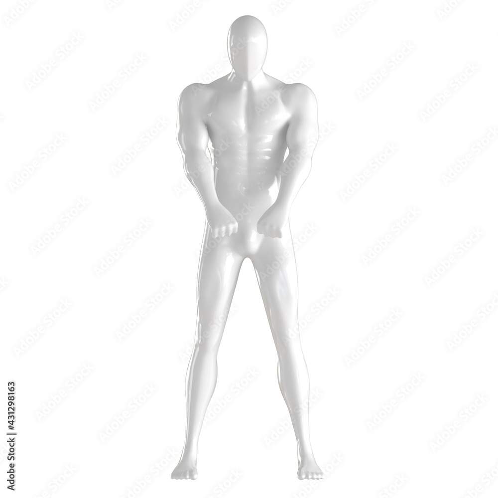 White male faceless mannequin stands holding hands in claps in front of him on an isolated background. 3d rendering