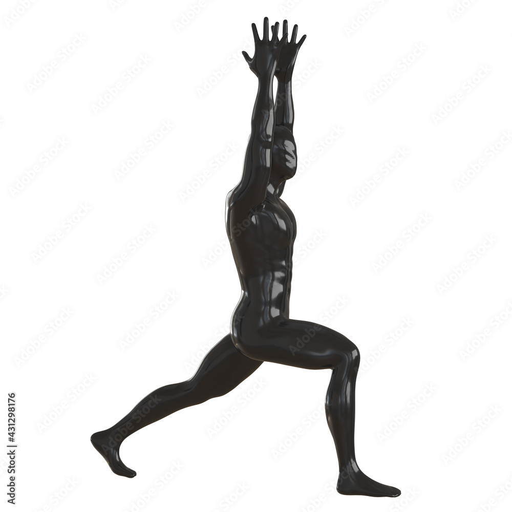 The black male glossy mannequin stands by making a lunge with his foot forward and holding his hands over his head. Yoga asana. 3d rendering The black male glossy mannequin stands by making a lunge with his foot forward and holding his hands over his head. Yoga asana. 3d rendering