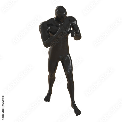 A black male faceless mannequin stands in a fighting pose on a white background. 3d rendering © jockermax3d