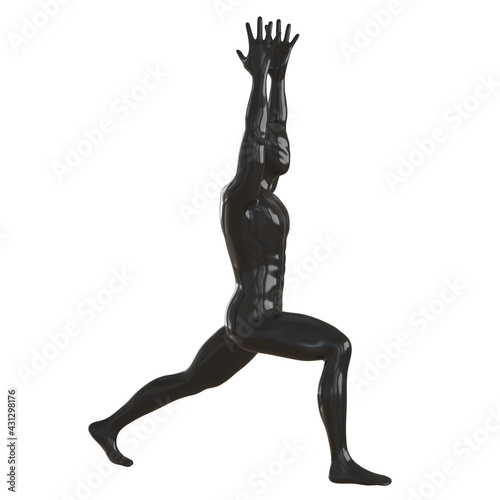 The black male glossy mannequin stands by making a lunge with his foot forward and holding his hands over his head. Yoga asana. 3d rendering