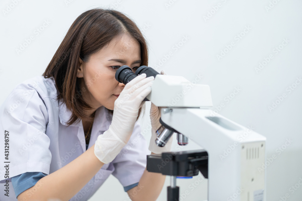 A young scientist woman in a laboratory coat looking through a microscope in a laboratory to do research and experiment. Scientist working in a laboratory. Education stock photo A young scientist woman in a laboratory coat looking through a microscope in a laboratory to do research and experiment. Scientist working in a laboratory. Education stock photo