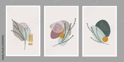 Set three pieces of abstract organic and bontanical flowers wall art. Pastel color of abstract patterns of wall decor. Scandinavian style vector Ilustration of wall Decorations home. © Ulfa