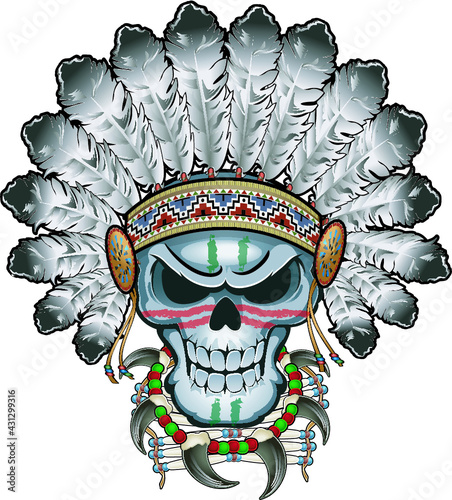 skull wearing native american indian chief headdress