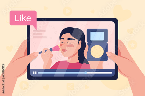 Hands hold tablet with video on make up tutorial flat color vector illustration. Beauty guru streaming internet class. Woman with cosmetics 2D cartoon character with social media button on background