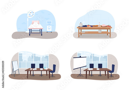 Seminars 2D vector web banner, poster set. Operation room. Classroom for hobby learning flat scene on cartoon background. Workshop spaces printable patch, colorful web element collection