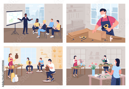 Master class flat color vector illustration set. Artistic craft. Creative hobby. Business seminar. Learning and teaching 2D cartoon characters with classroom on background collection