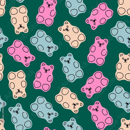 Colorful Fruity and tasty Sweets and candies. Various Gummy and Jelly Bears. Hand drawn Vector Trendy illustration. Cartoon style. Seamless Pattern, Background, Wallpaper. Perfect for prints