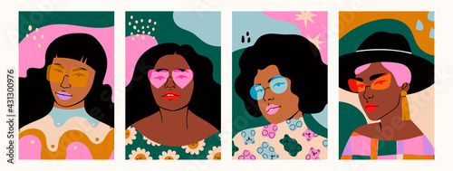 Set of Beautiful black Women in sunglasses looking at camera. Closeup fashion portraits of cute young ladies. Hand drawn Vector illustrations. Templates for cards, posters, banners, t-shirt prints