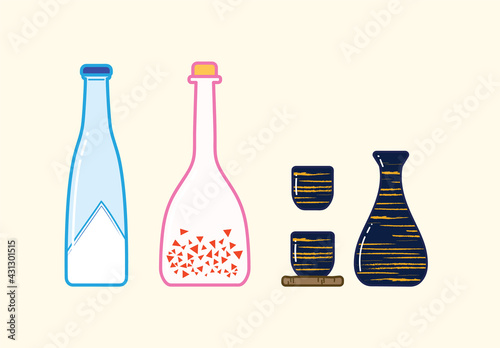 Cute flat sake wine bottle and cups, cartoon art vector illustration
