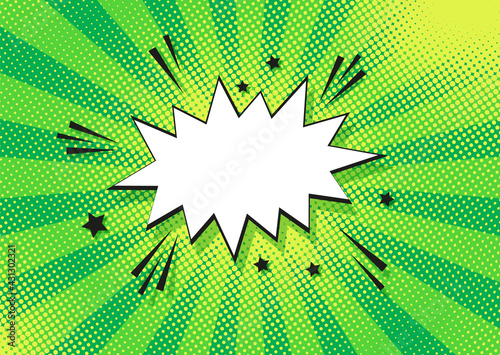 Pop art halftone pattern. Comic starburst background with speech bubble. Green duotone texture. Cartoon banner with dots, rays. Vintage wow design. Superhero starburst wallpaper. Vector illustration photo