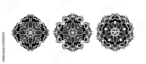 Set of circular ornament, filled silhouette. Good for logos, tattoos, prints and postcards.