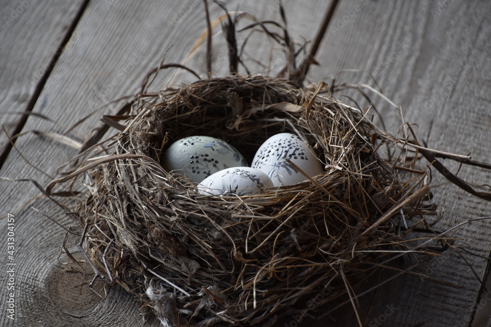 Obraz premium Пасхальные яйца в гнезде