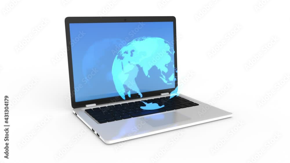 Modern laptop with neon halogram rotating planet earth. 3D animation with a mask Modern laptop with neon halogram rotating planet earth. 3D animation with a mask