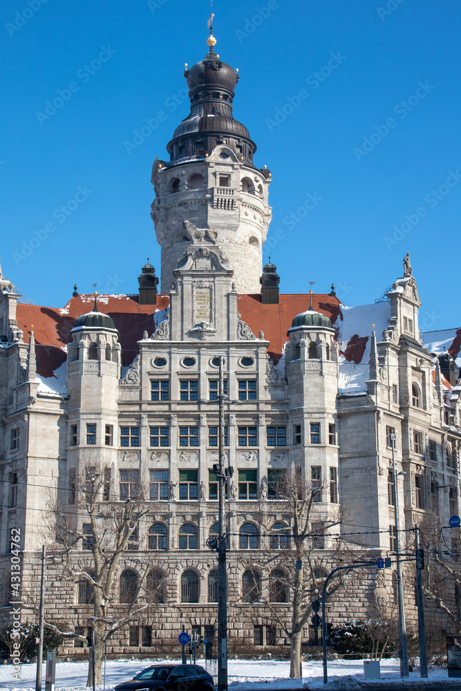 View of the snow-covered new town hall in Leipzig,Saxony in winter