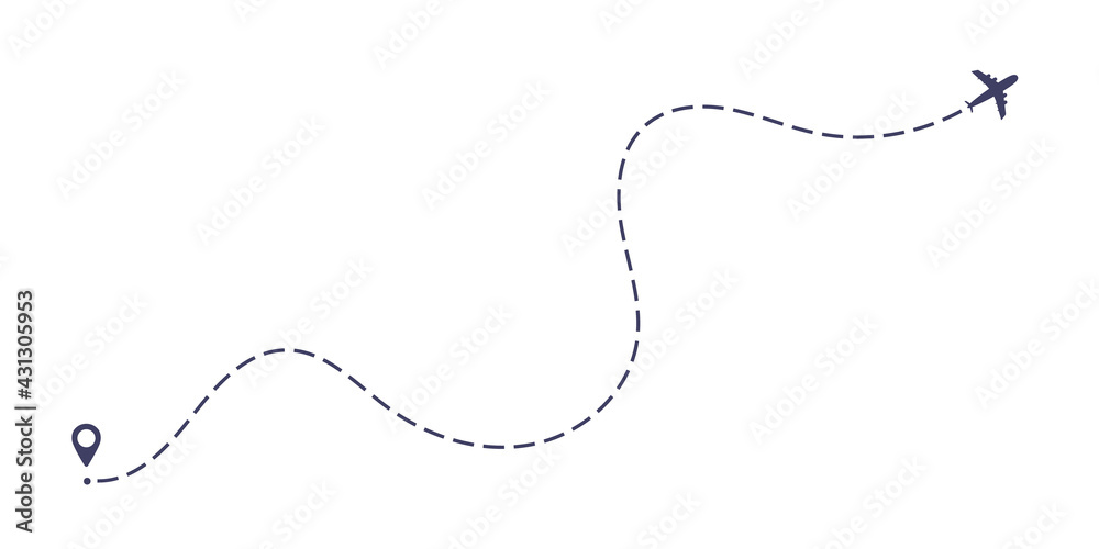 Airplane dashed line path flat style design vector illustration isolated on white background. The plane icon follow from start pin point to finish by dashed line. Airplane route trace flight air map. Airplane dashed line path flat style design vector illustration isolated on white background. The plane icon follow from start pin point to finish by dashed line. Airplane route trace flight air map.