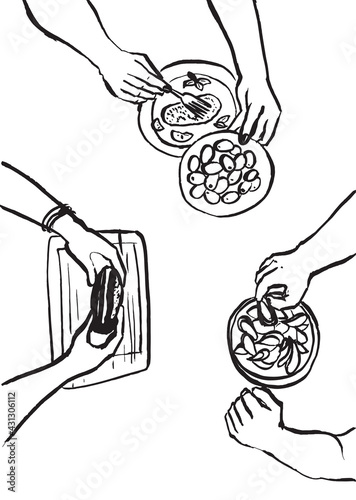 Hands with cutlery. Dining people, top view on table setting with human fork, knife, plate and tablet