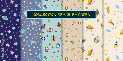 Ufo, space. Set of vector illustration patterns. Stars, rockets, planets. Fabrics and textiles for baby, children, kid. Seamless, endless universe background with aliens. Collection of cosmic patterns